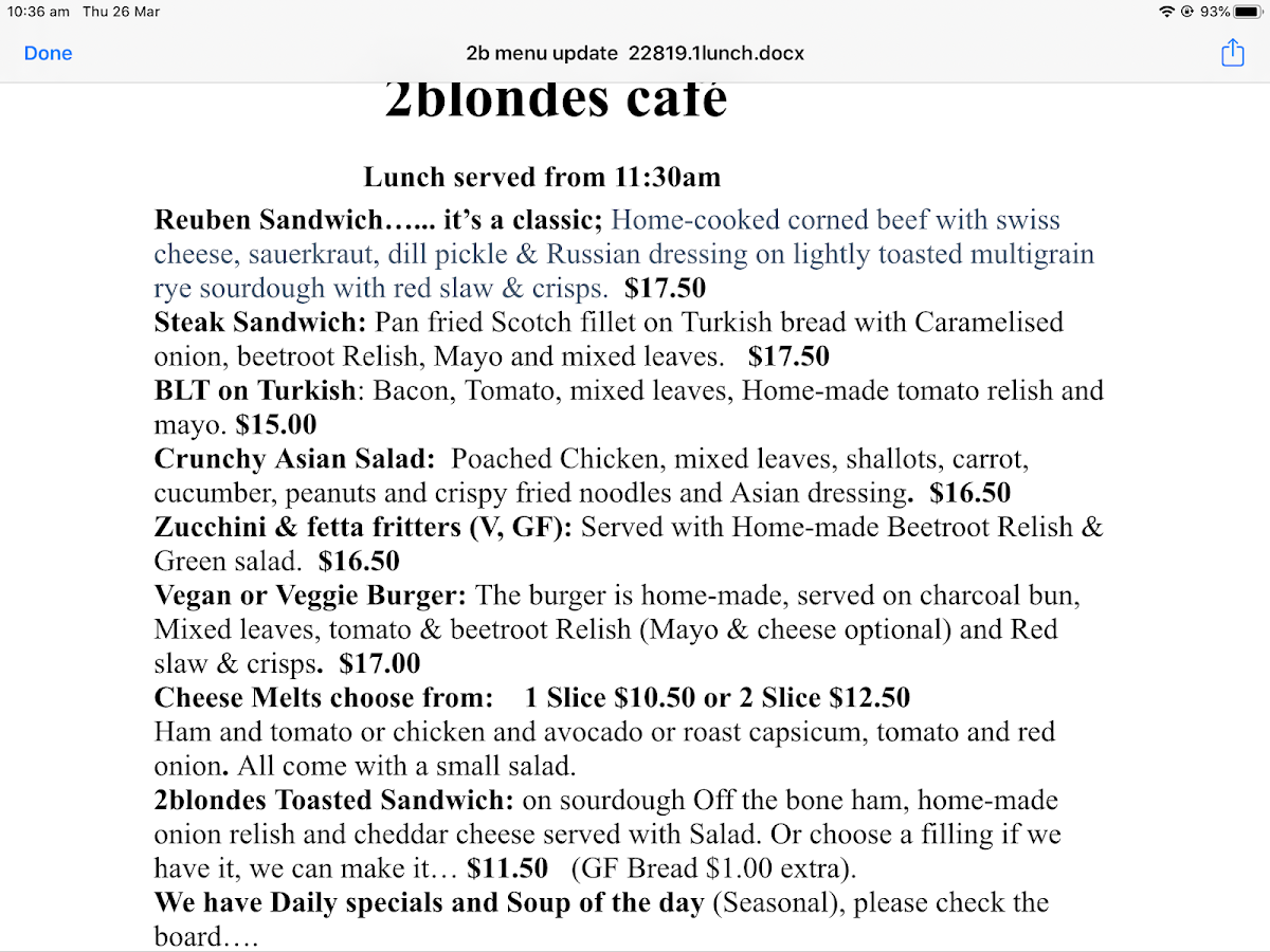 2 Blondes Cafe menu board