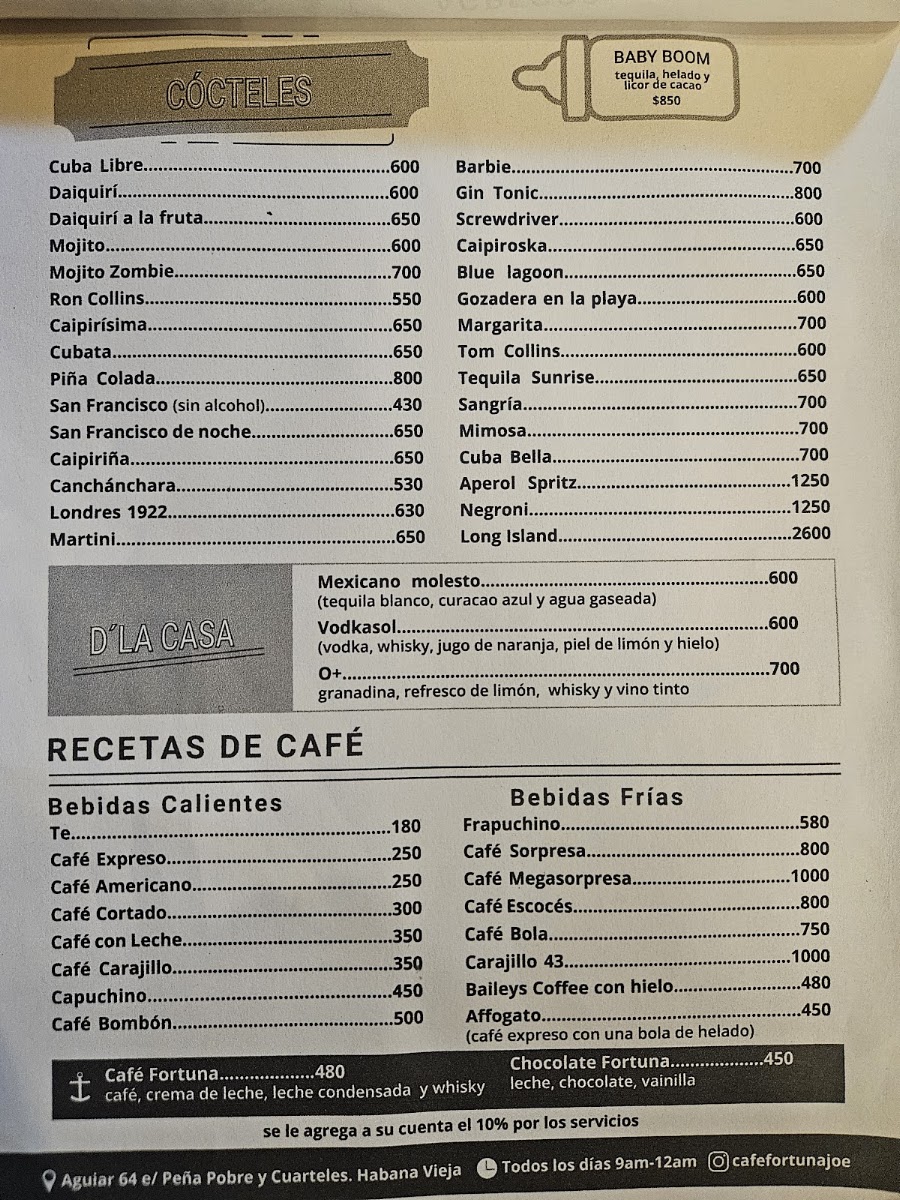 Cafe Fortuna Joe menu board