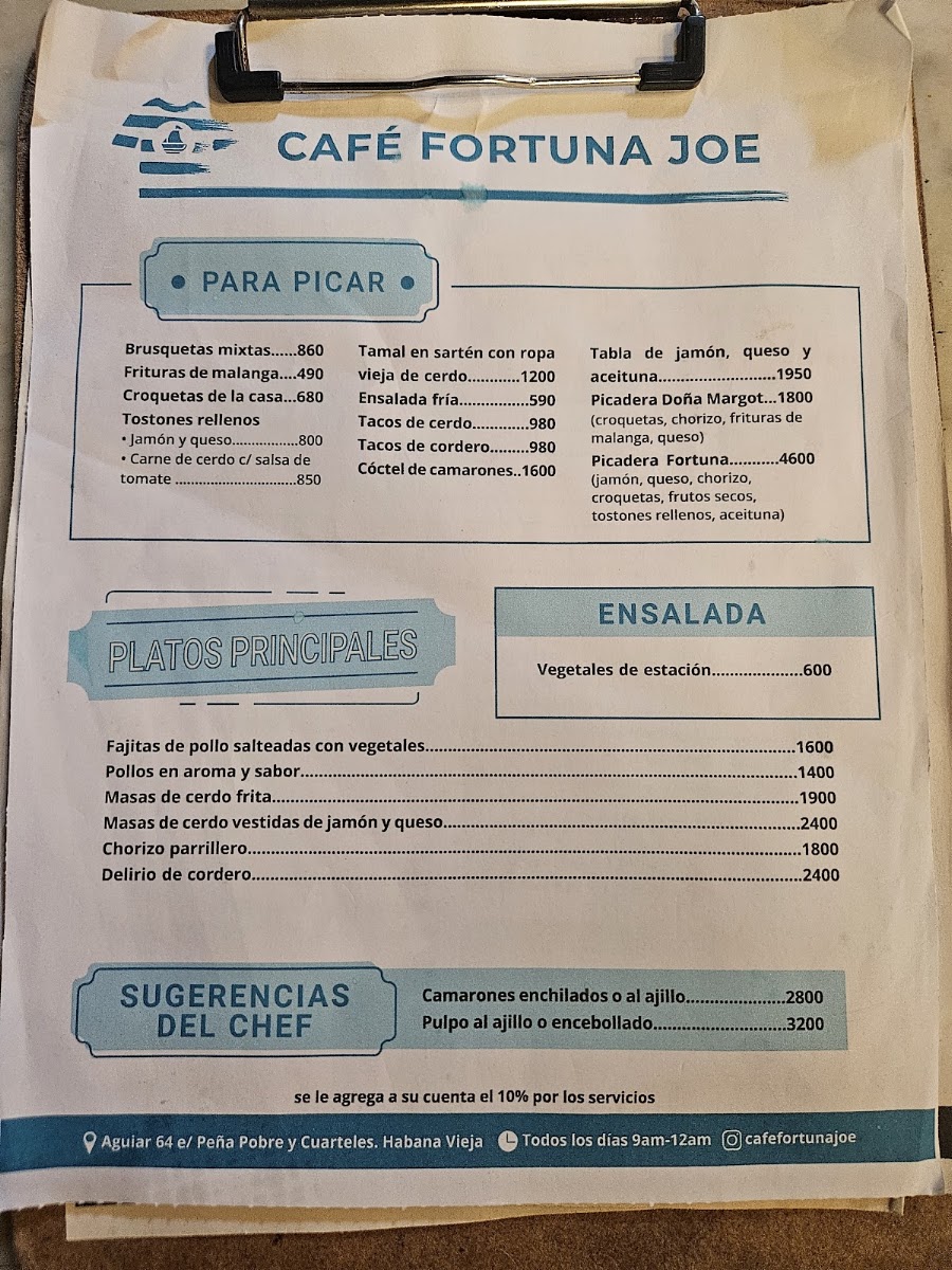 Cafe Fortuna Joe menu board