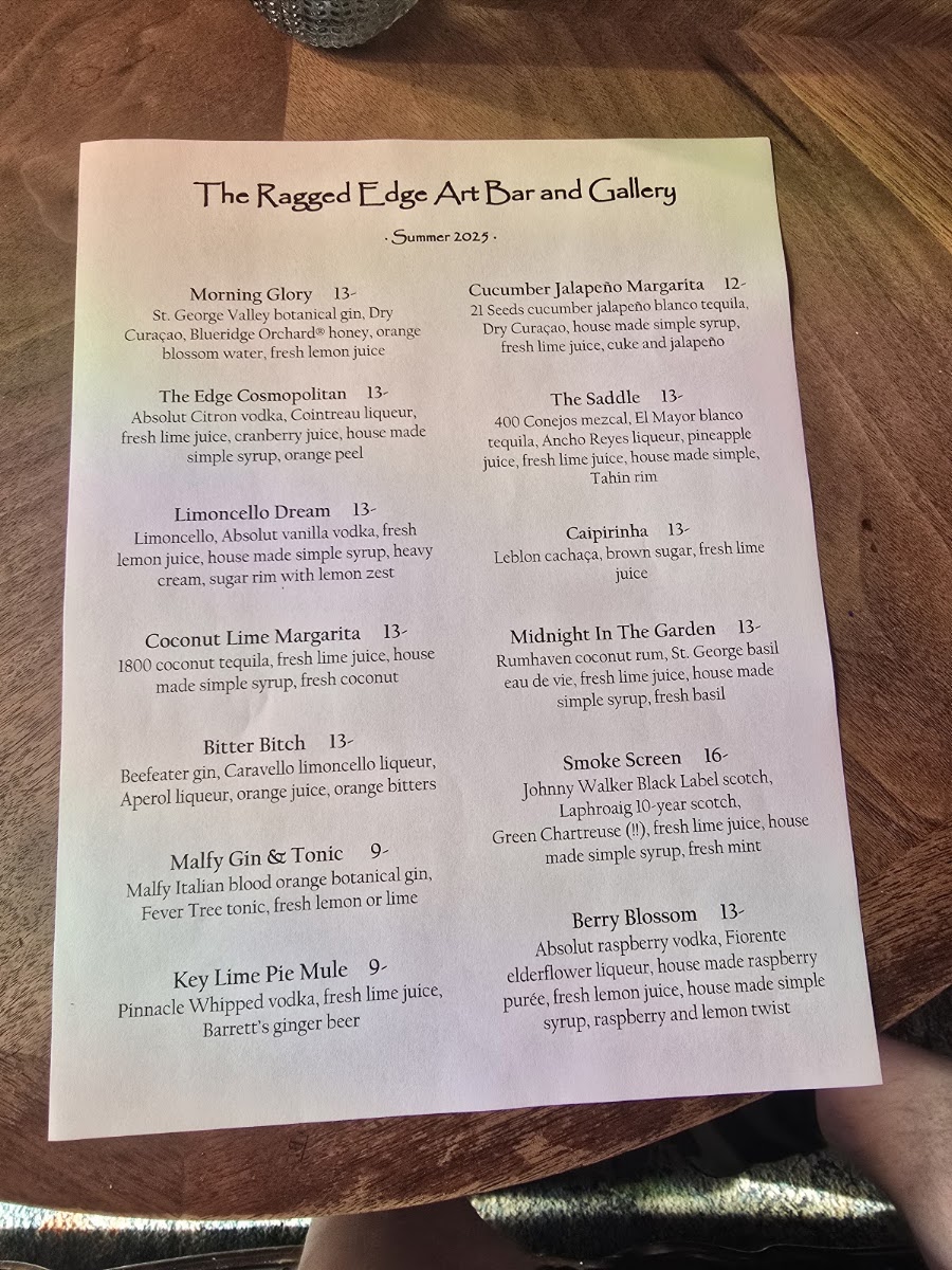 The Ragged Edge Art Bar and Gallery menu board
