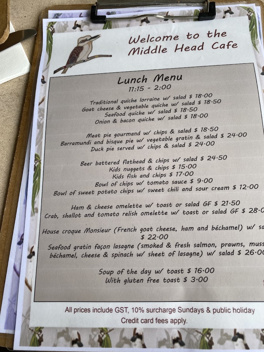 Middle Head Cafe menu board