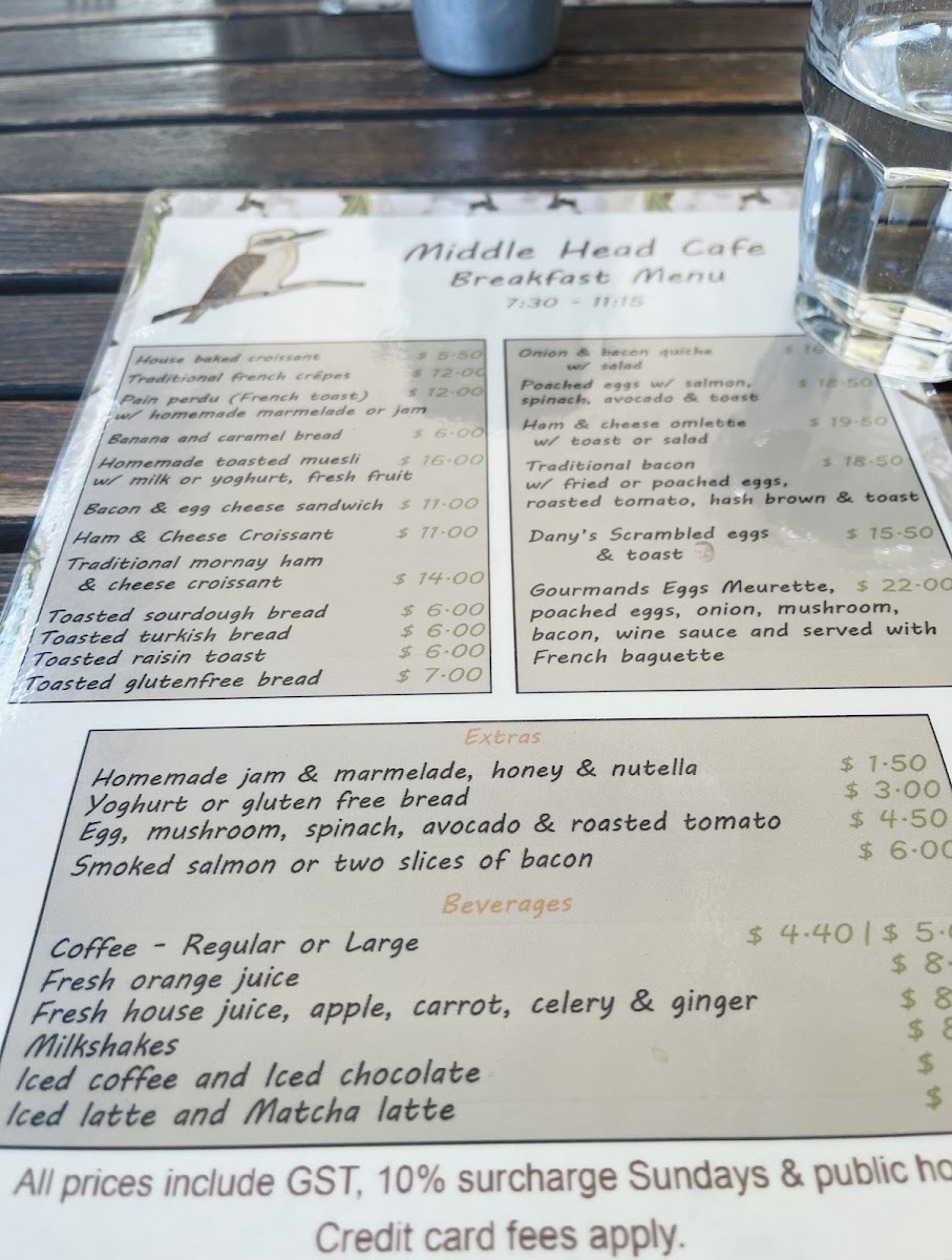 Middle Head Cafe menu board