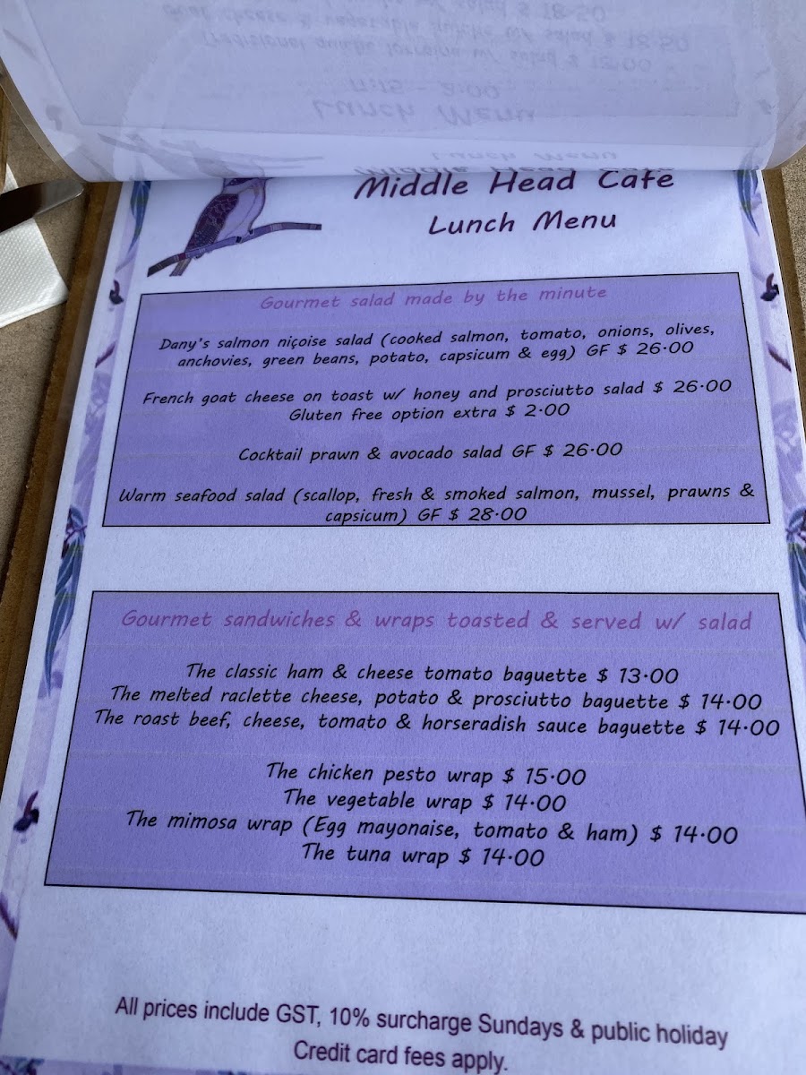 Middle Head Cafe menu board