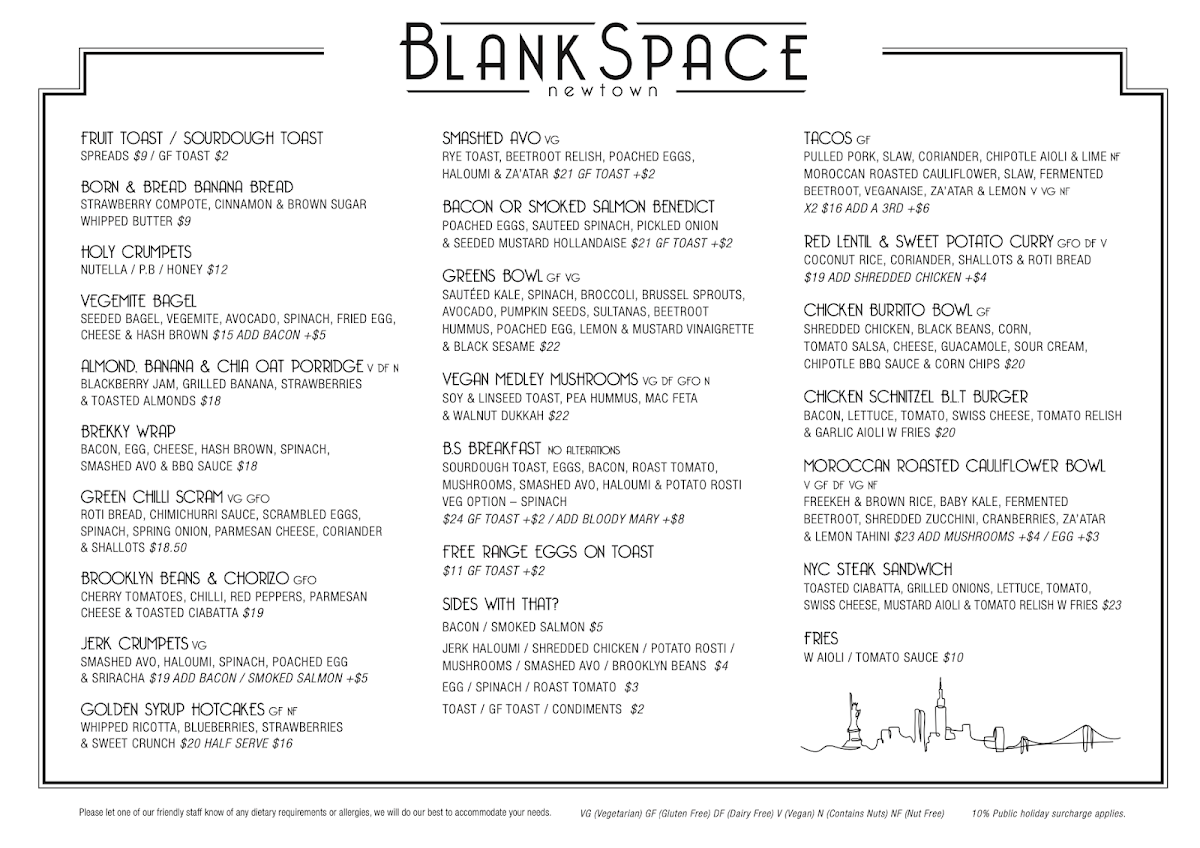 Blank Space Newtown menu board