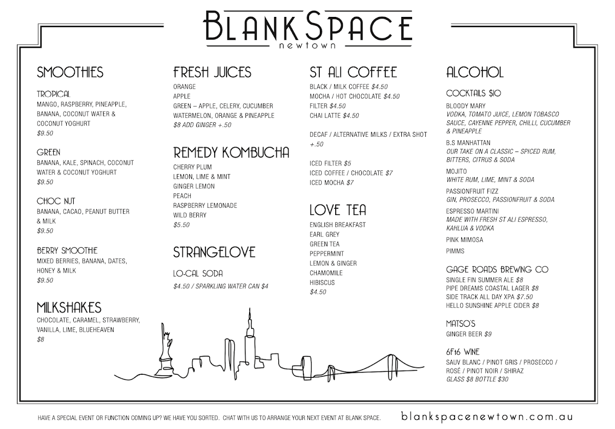 Blank Space Newtown menu board