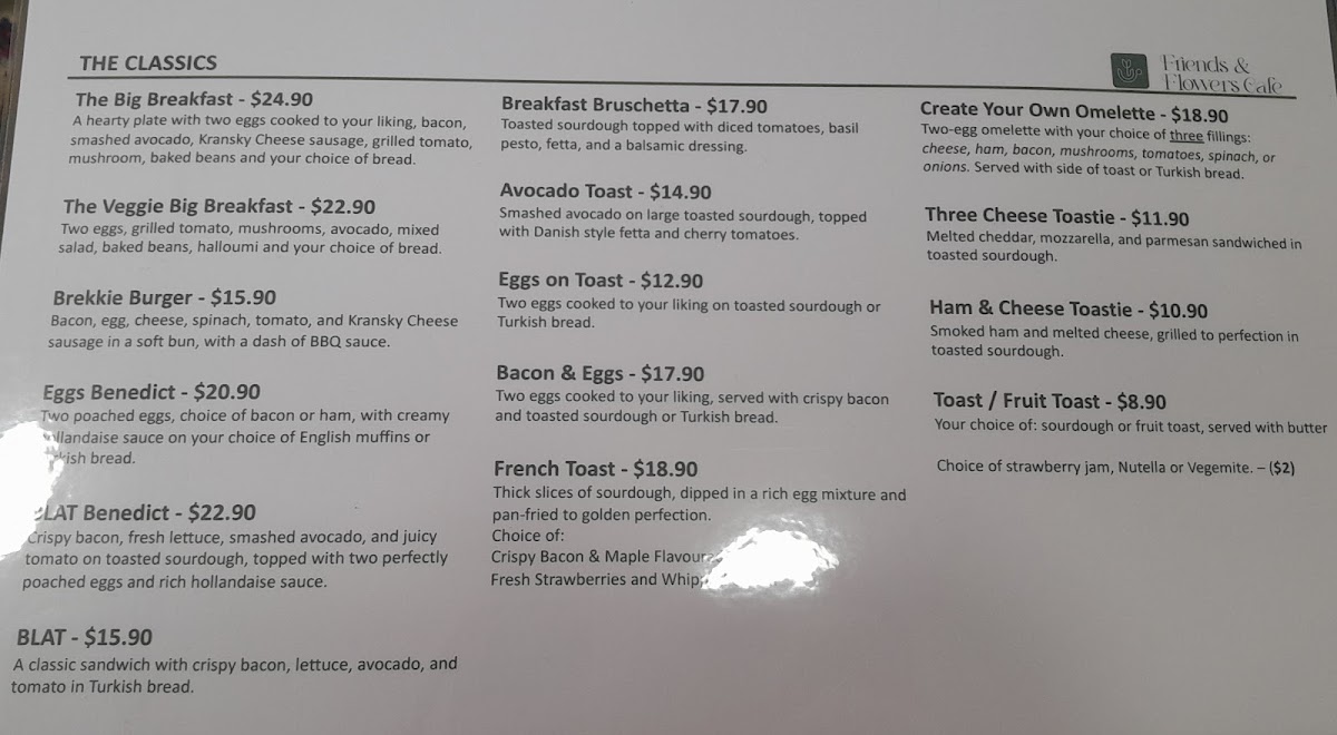 Friends & Flowers Cafe menu board