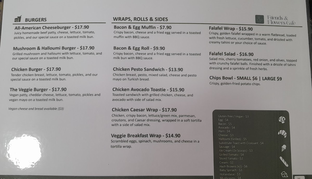 Friends & Flowers Cafe menu board