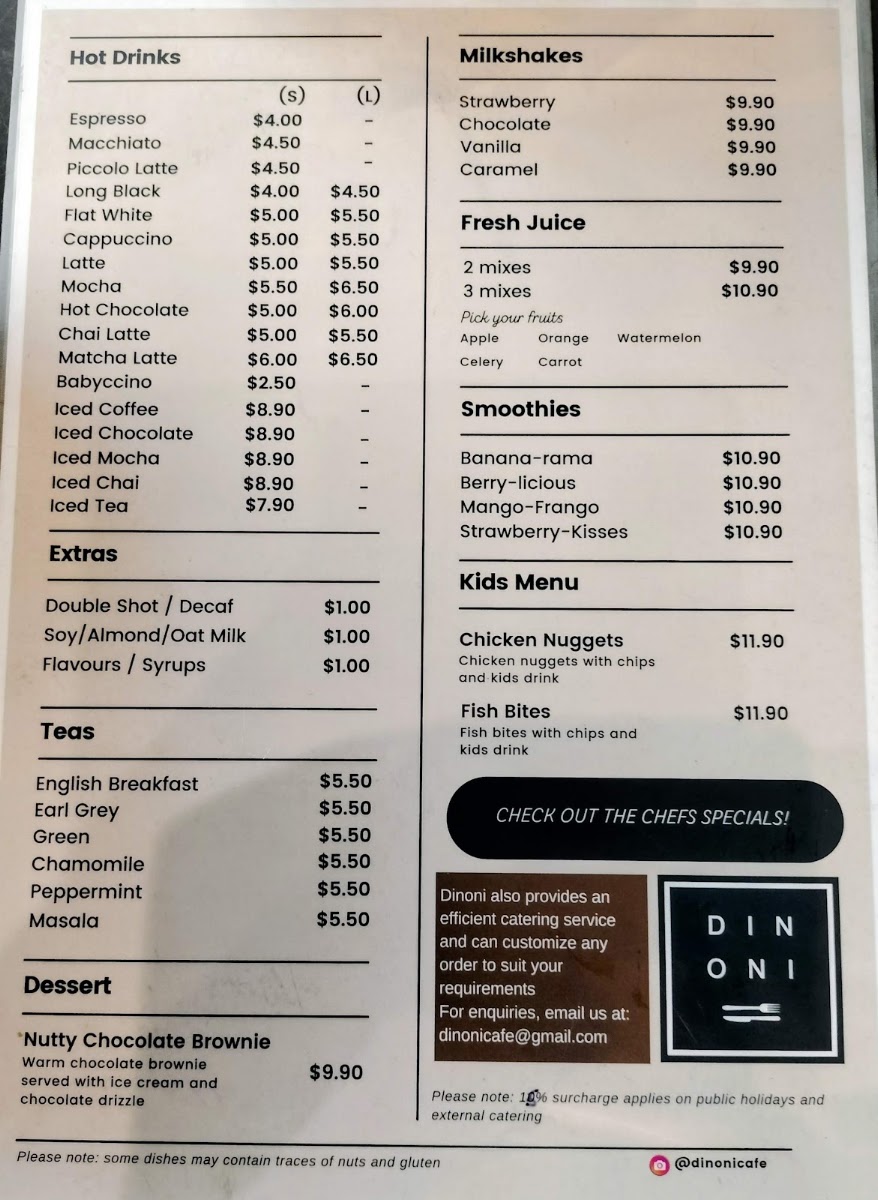 Dinoni Cafe menu board