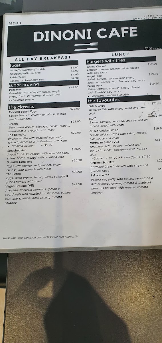 Dinoni Cafe menu board
