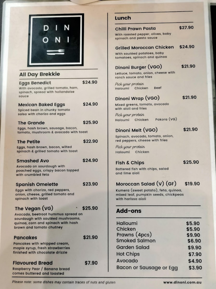 Dinoni Cafe menu board