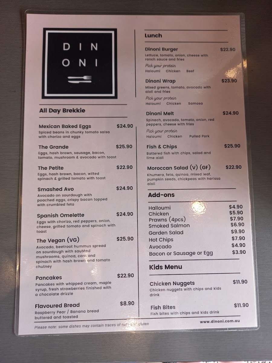 Dinoni Cafe menu board