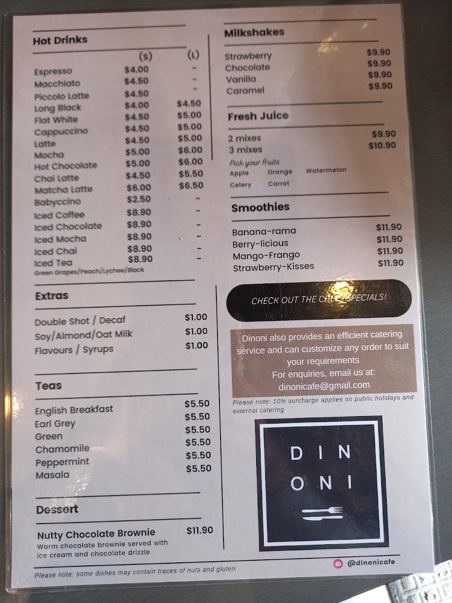 Dinoni Cafe menu board