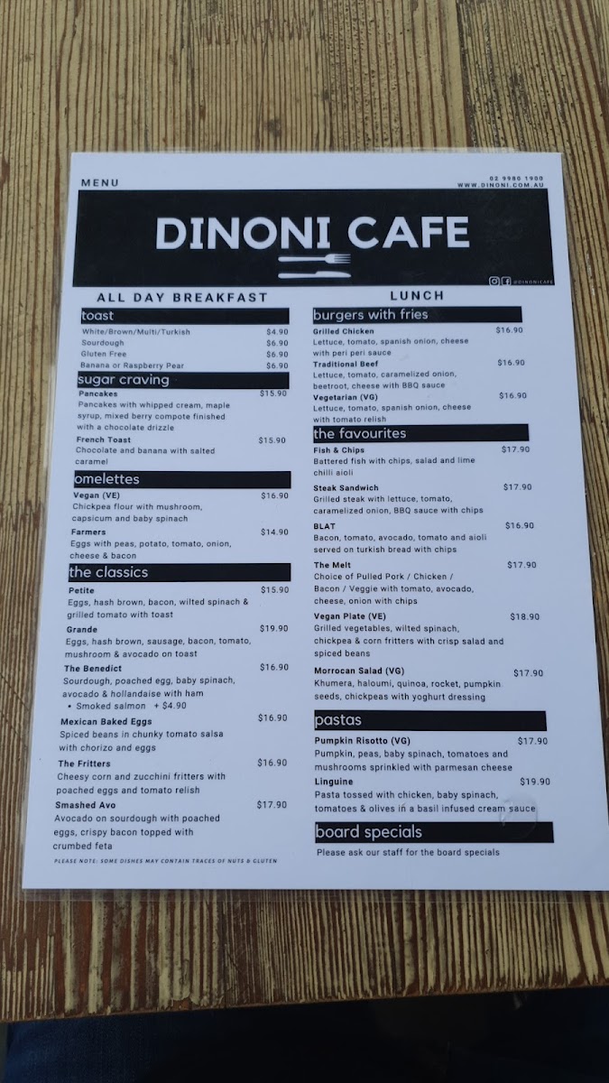 Dinoni Cafe menu board