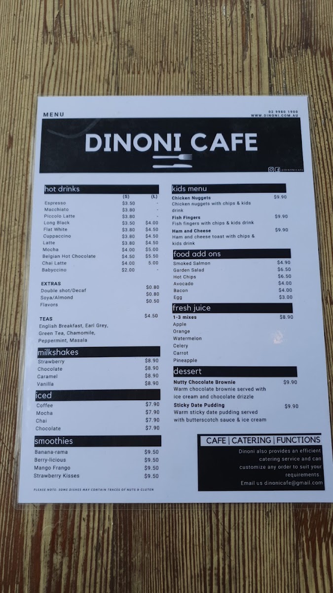 Dinoni Cafe menu board