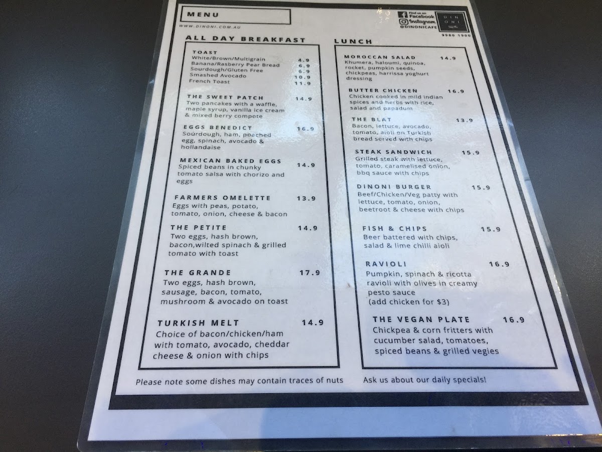 Dinoni Cafe menu board