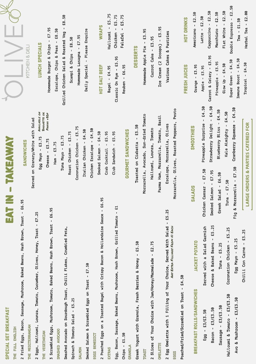 Olive Kitchen & Deli menu board