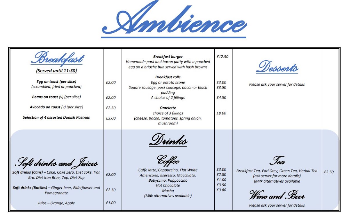 Ambience Café menu board