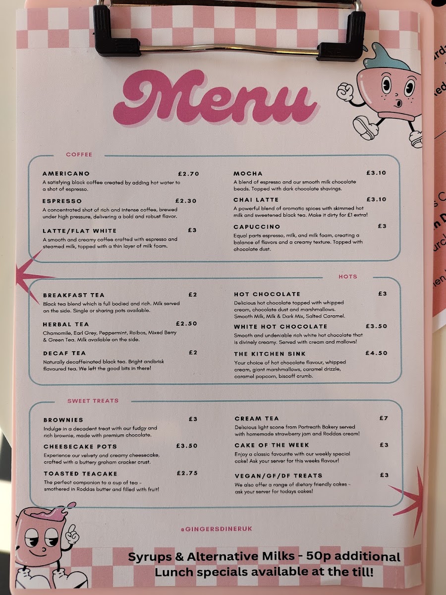 Ginger’s Diner menu board