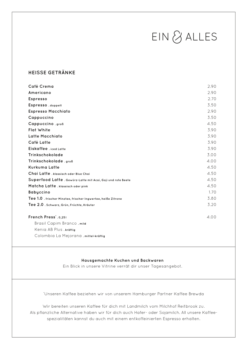Ein & Alles menu board