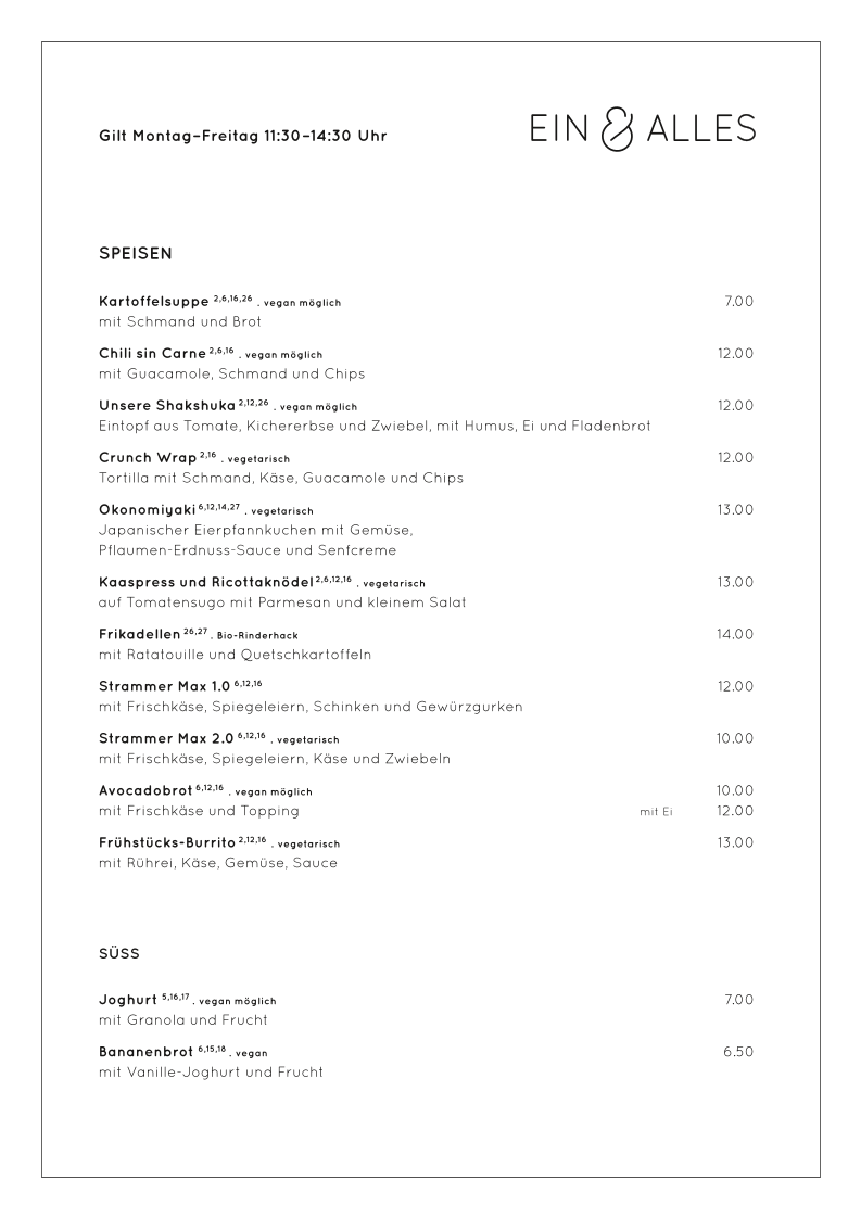 Ein & Alles menu board