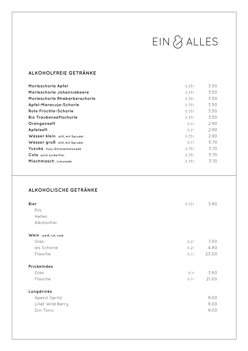 Ein & Alles menu board