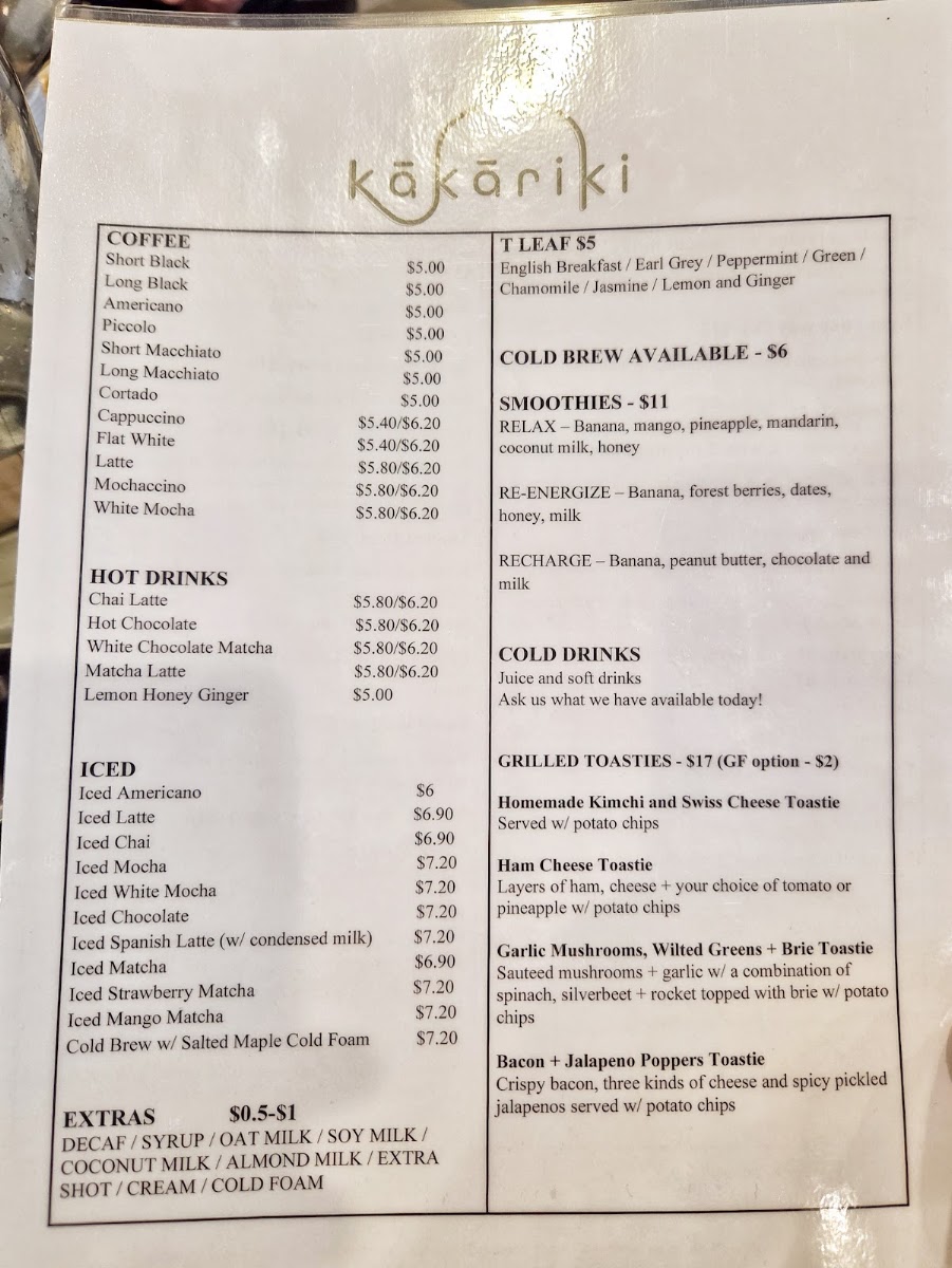 Kakariki Coffee menu board