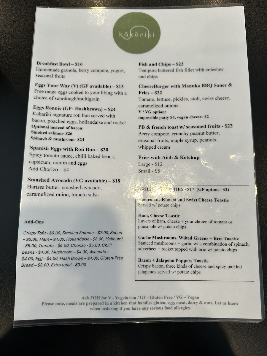 Kakariki Coffee menu board