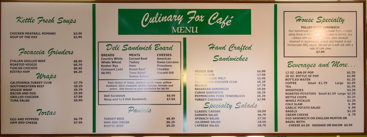 Culinary Fox Cafe & Catering menu board