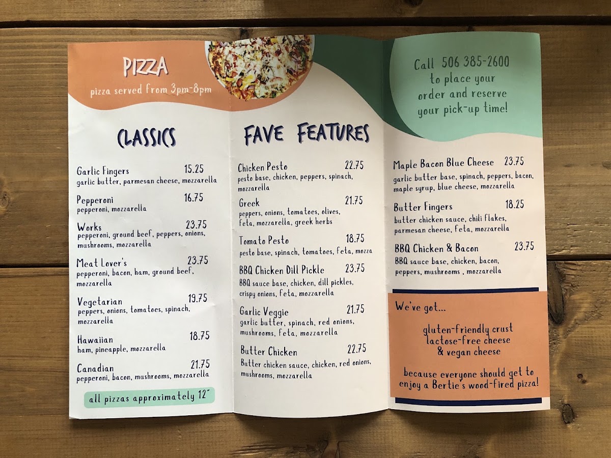 Bertie's Cafe menu board