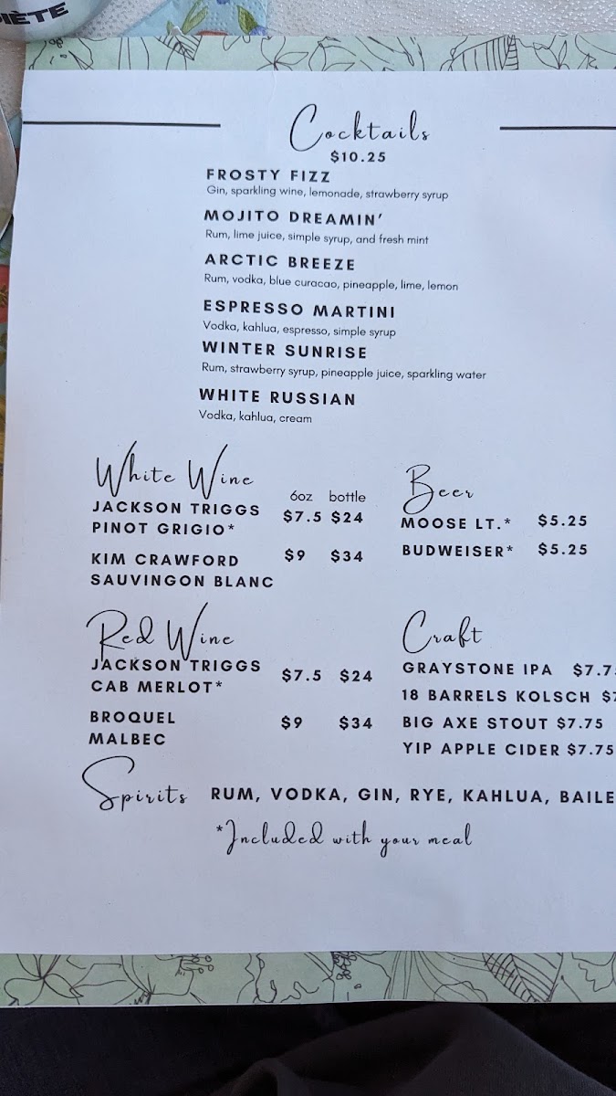 Bertie's Cafe menu board