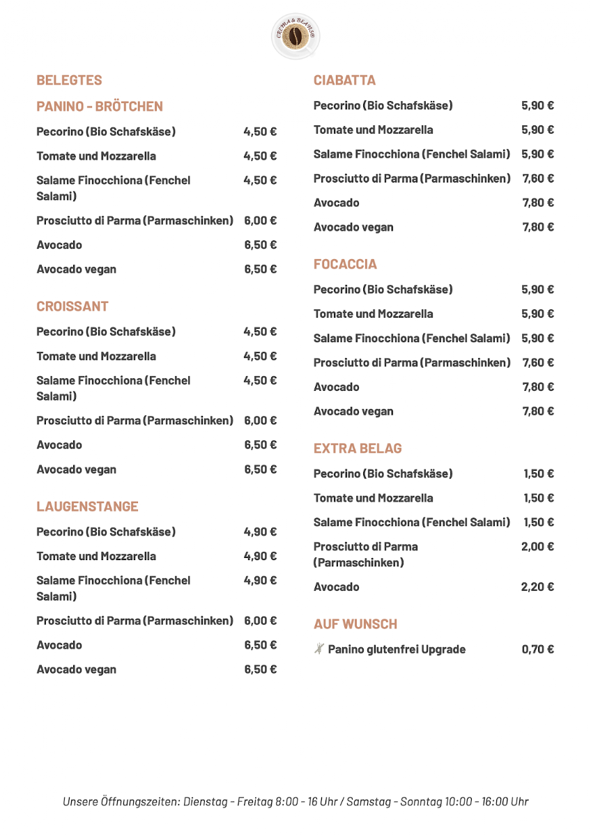 Crema & Beans menu board