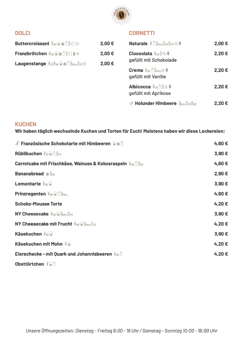 Crema & Beans menu board