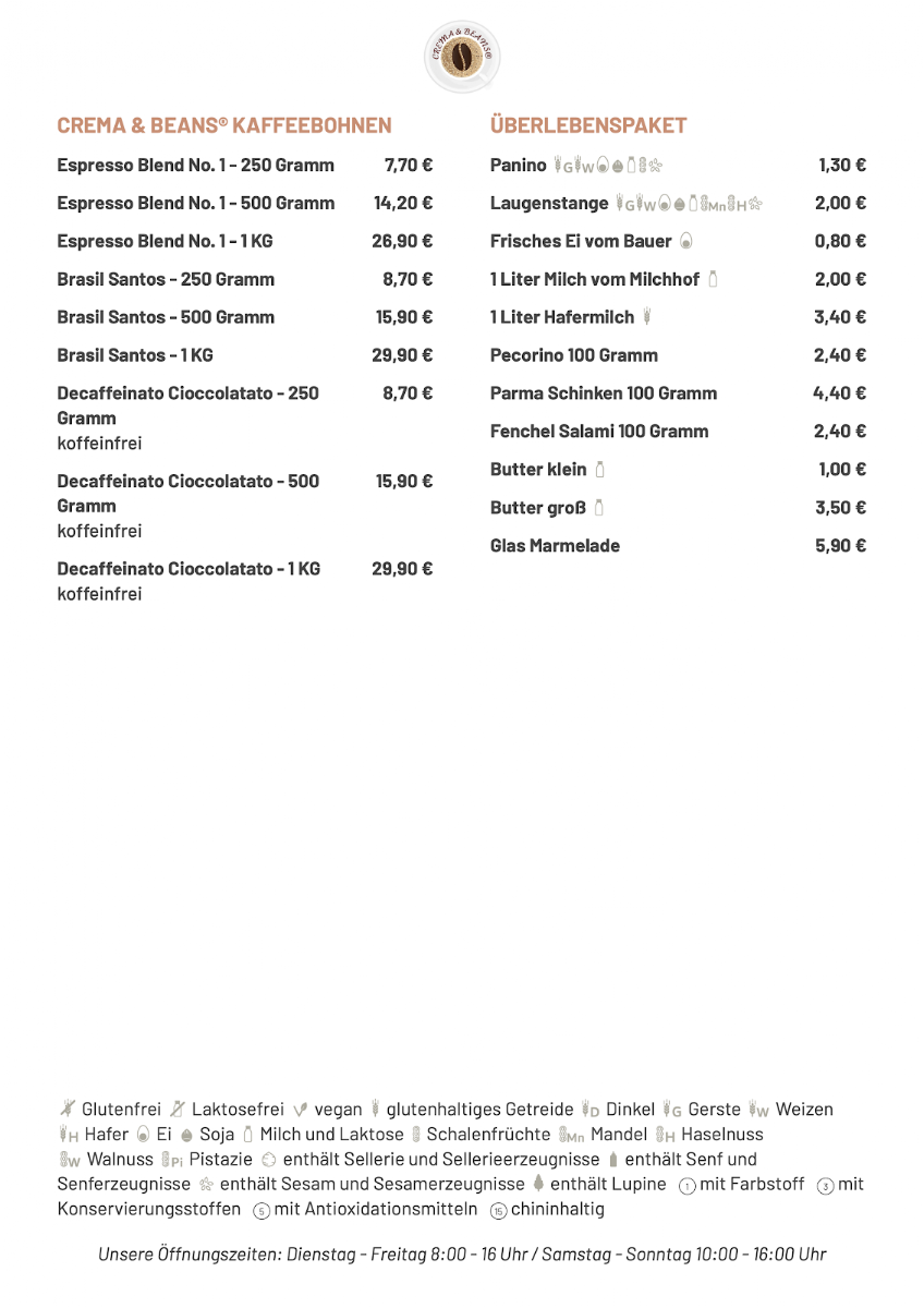 Crema & Beans menu board