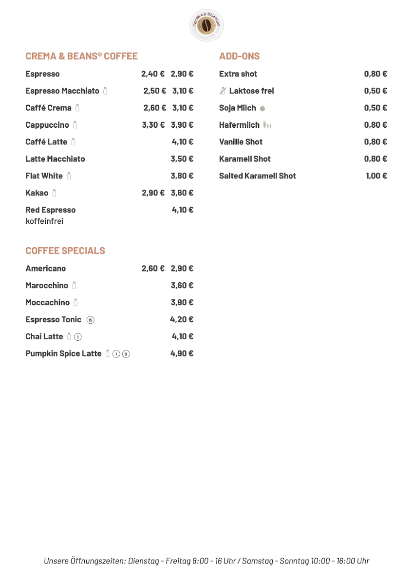 Crema & Beans menu board