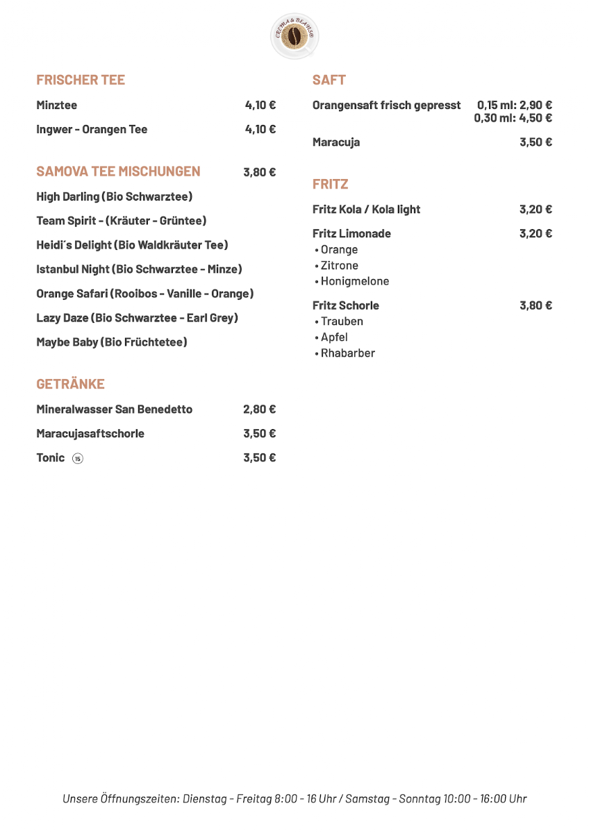 Crema & Beans menu board