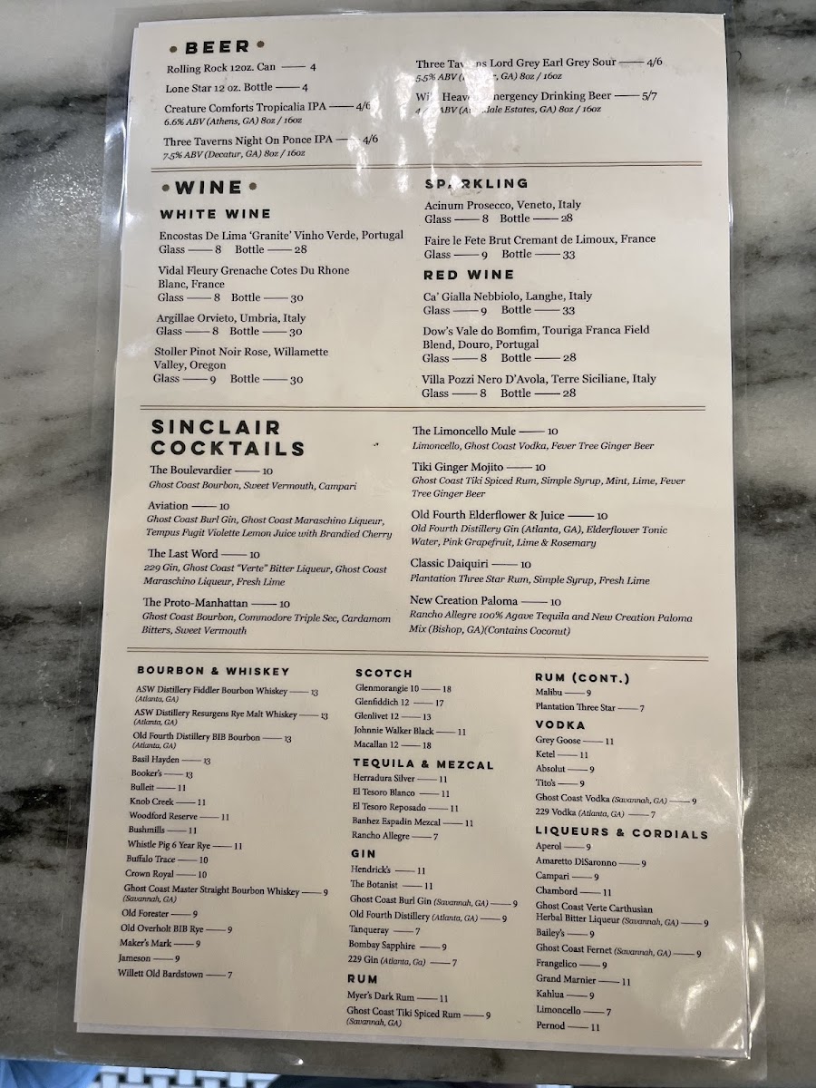 The Sinclair menu board