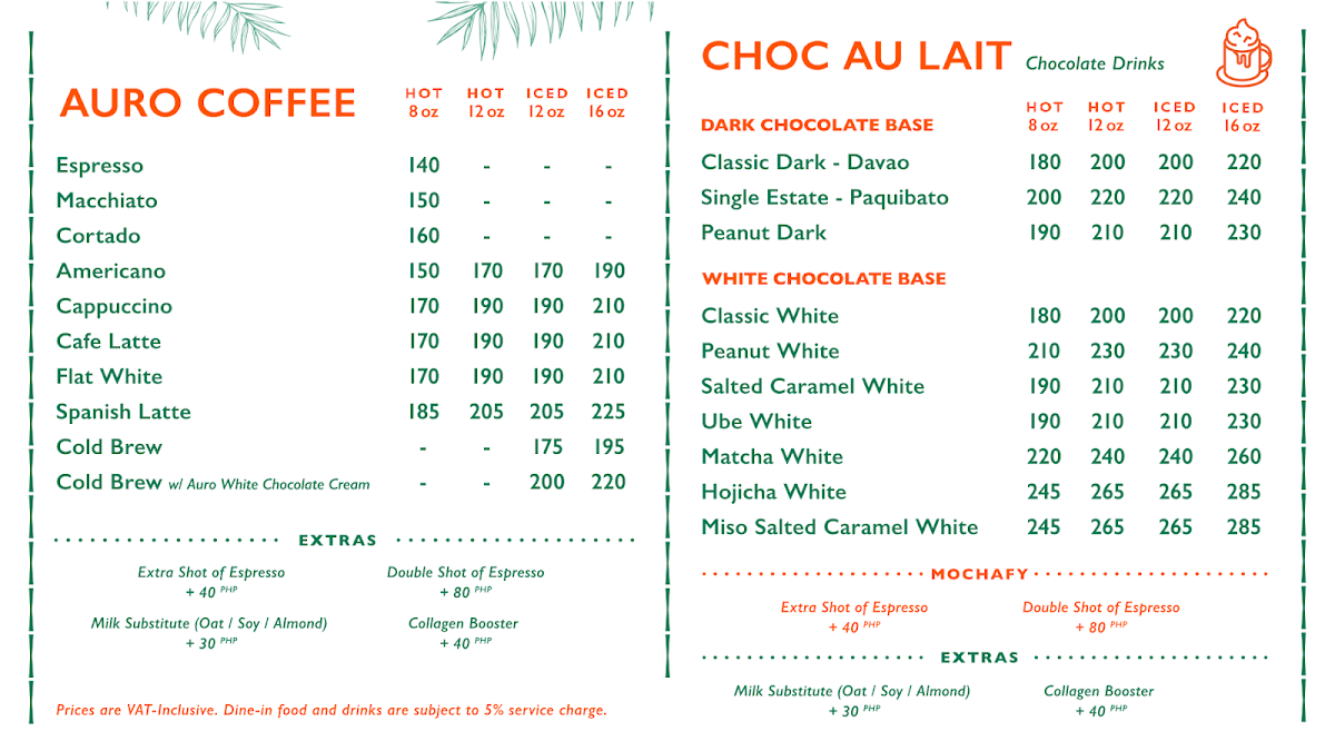 Auro Chocolate Cafe - MOA Square menu board