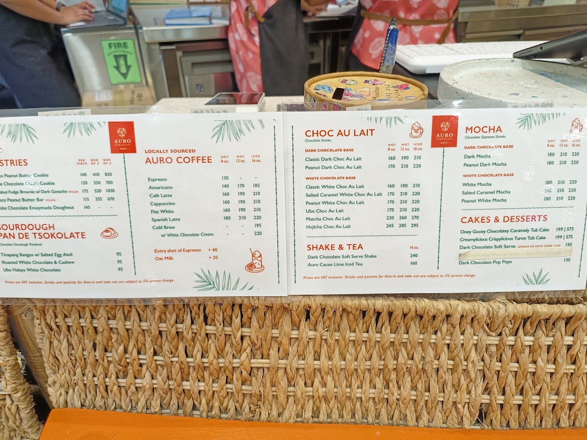 Auro Chocolate Cafe - MOA Square menu board