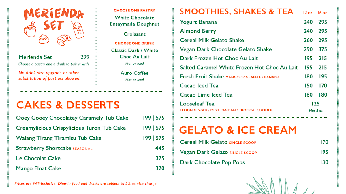 Auro Chocolate Cafe - MOA Square menu board