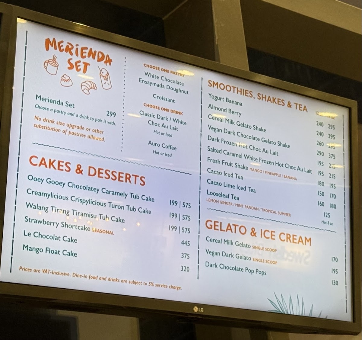 Auro Chocolate Cafe - MOA Square menu board