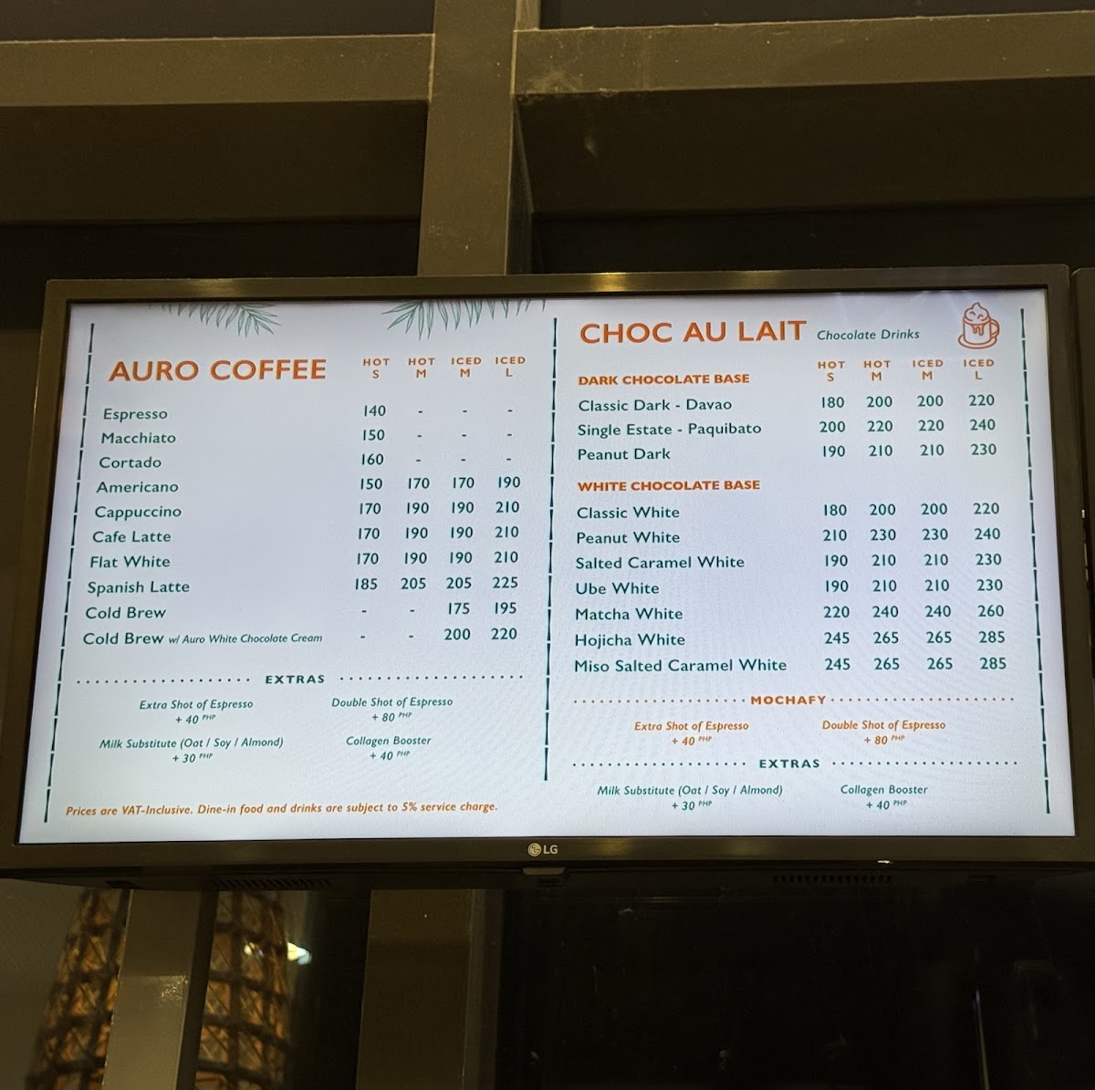 Auro Chocolate Cafe - MOA Square menu board