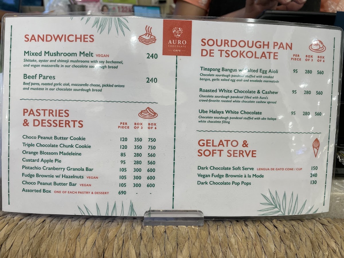 Auro Chocolate Cafe - MOA Square menu board
