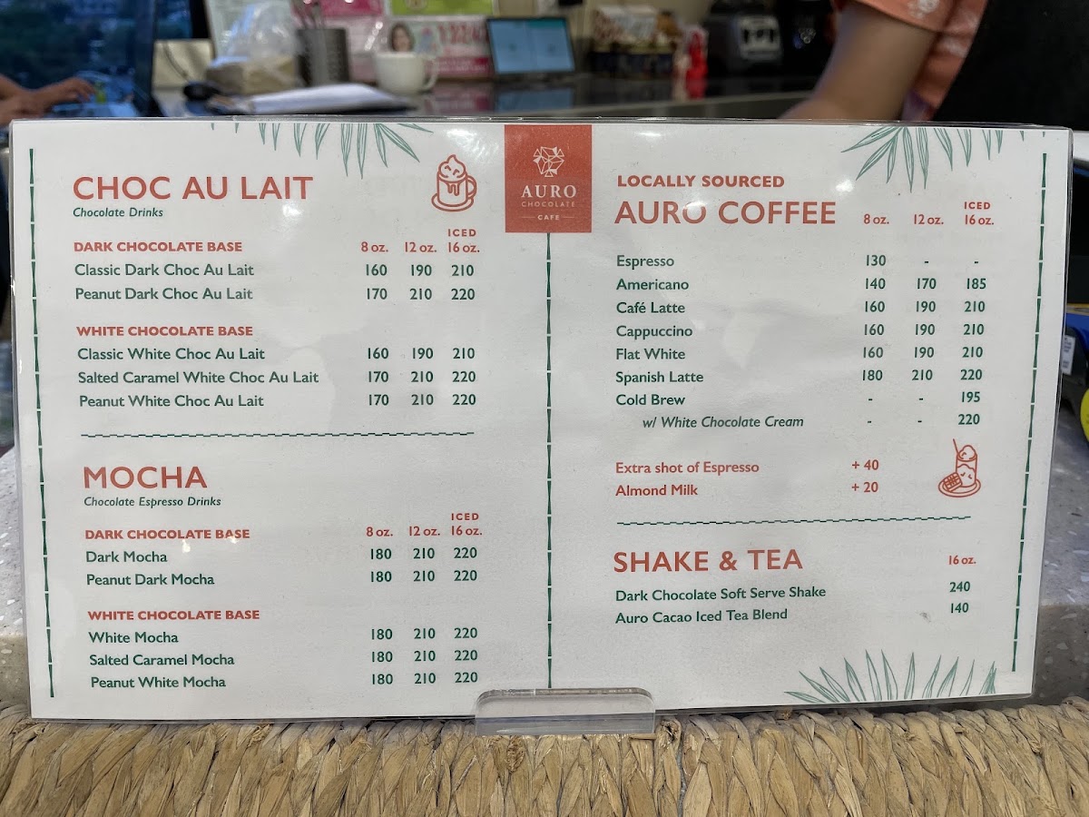 Auro Chocolate Cafe - MOA Square menu board