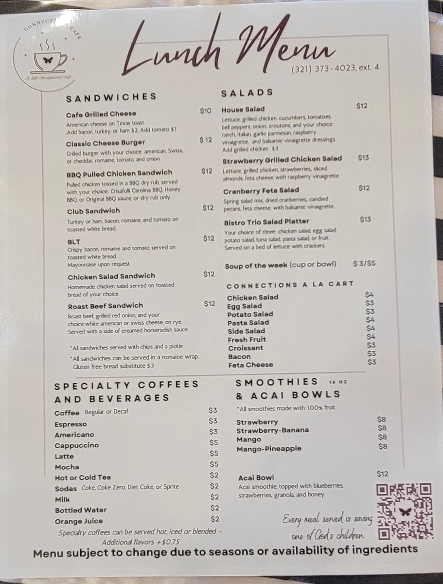 Connections Cafe by Life Recaptured menu board