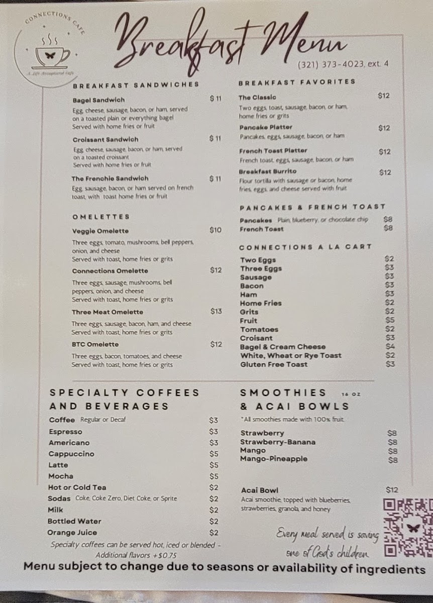 Connections Cafe by Life Recaptured menu board