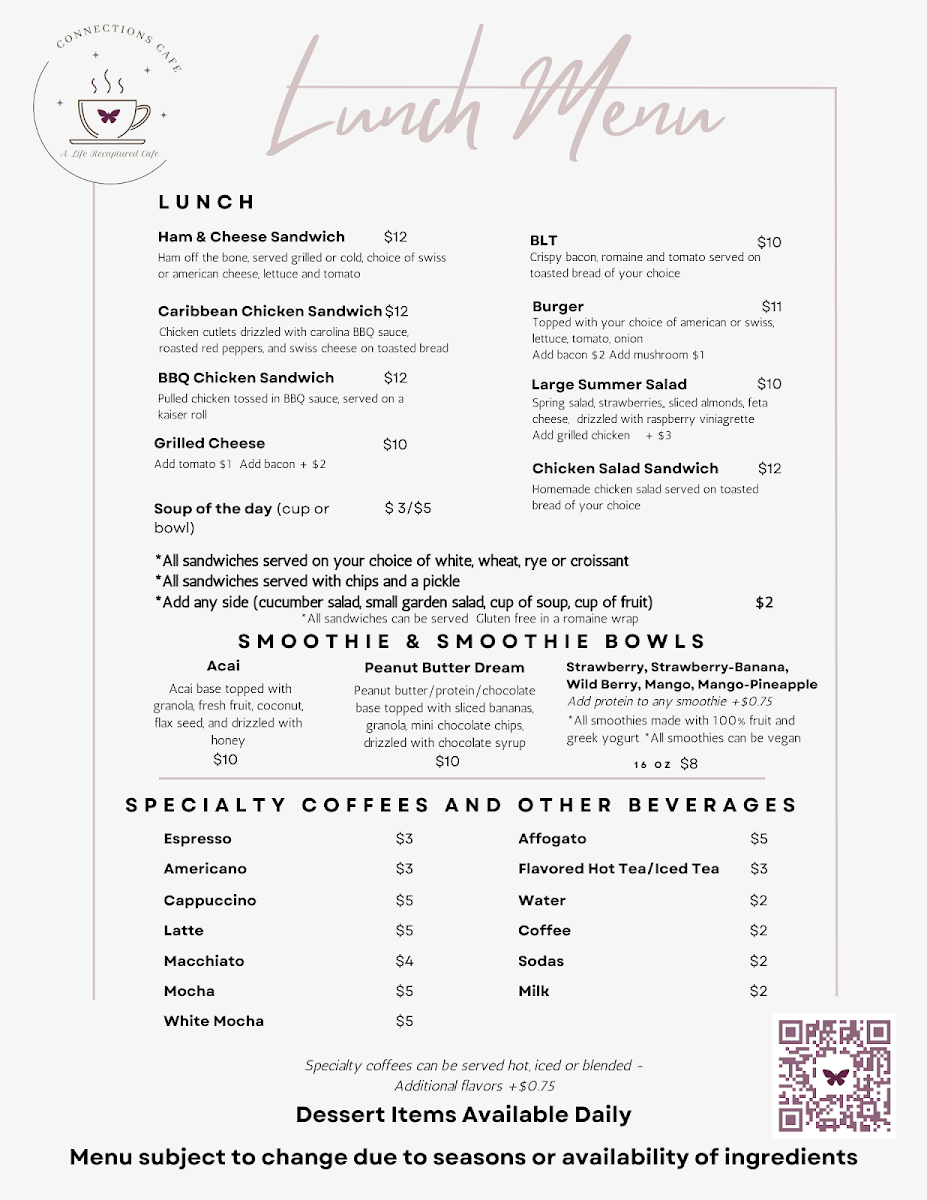 Connections Cafe by Life Recaptured menu board
