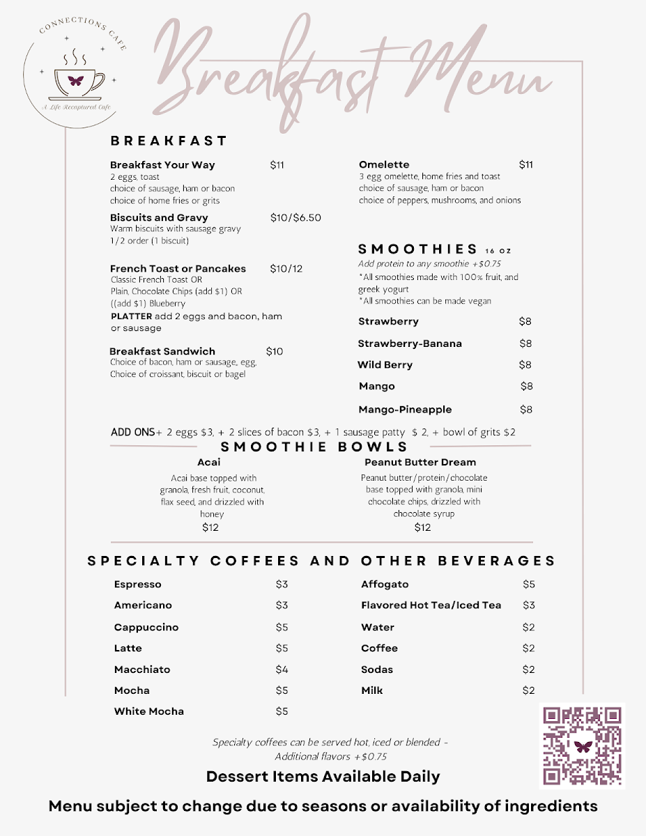 Connections Cafe by Life Recaptured menu board