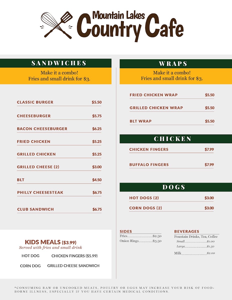Mountain Lakes Country Cafe menu board