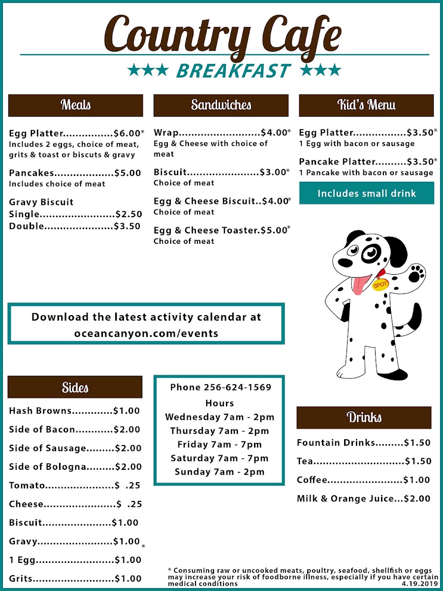 Mountain Lakes Country Cafe menu board