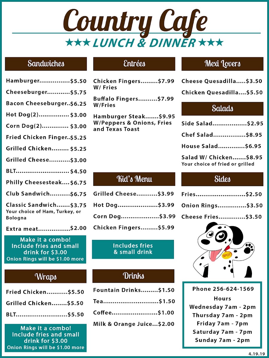 Mountain Lakes Country Cafe menu board
